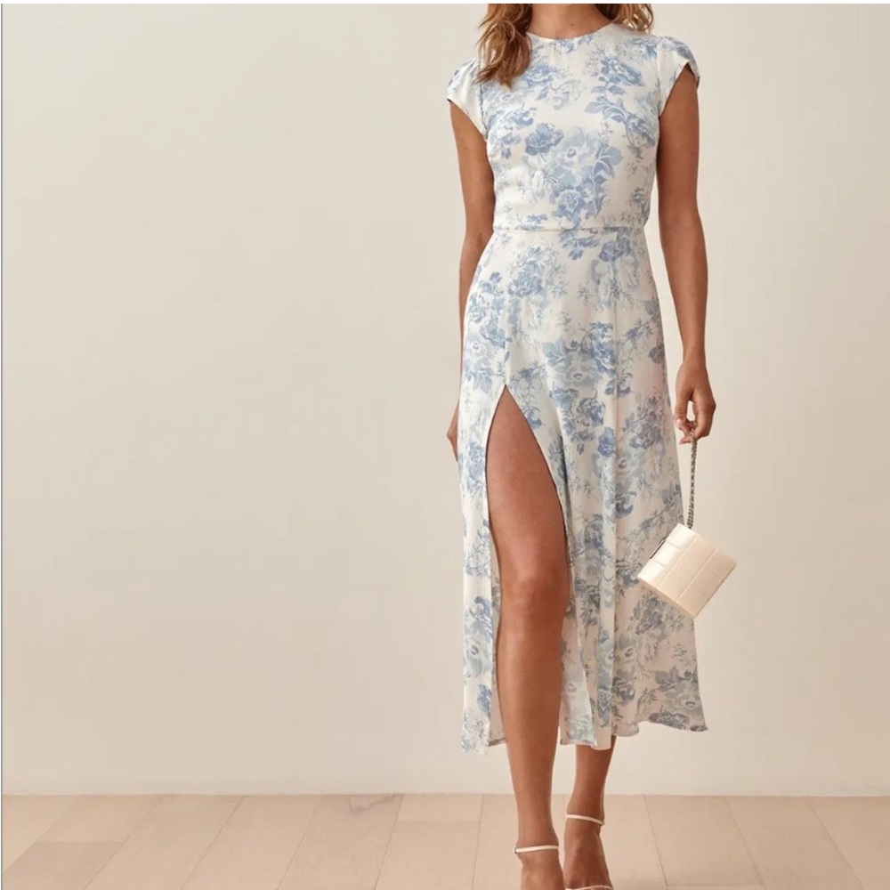 Reformation White and Blue Floral Dress with back cut-out. Size 2.